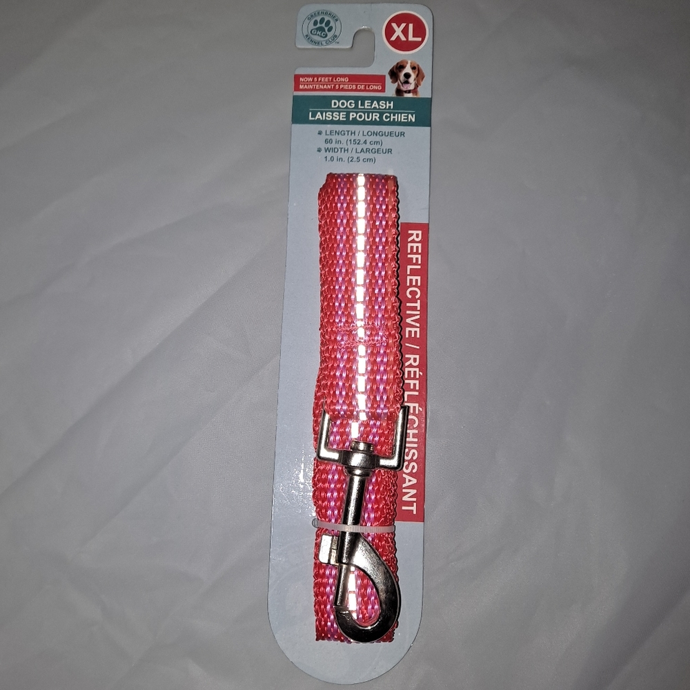 5 Foot Pink Reflective Nylon Dog Leash Size XL Greenbrier Kennel Club 60" x 1"